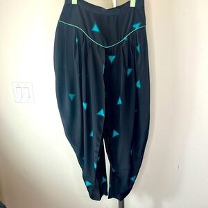 Unmarked, beautiful, teal and black vintage polyester faux wrap around pants